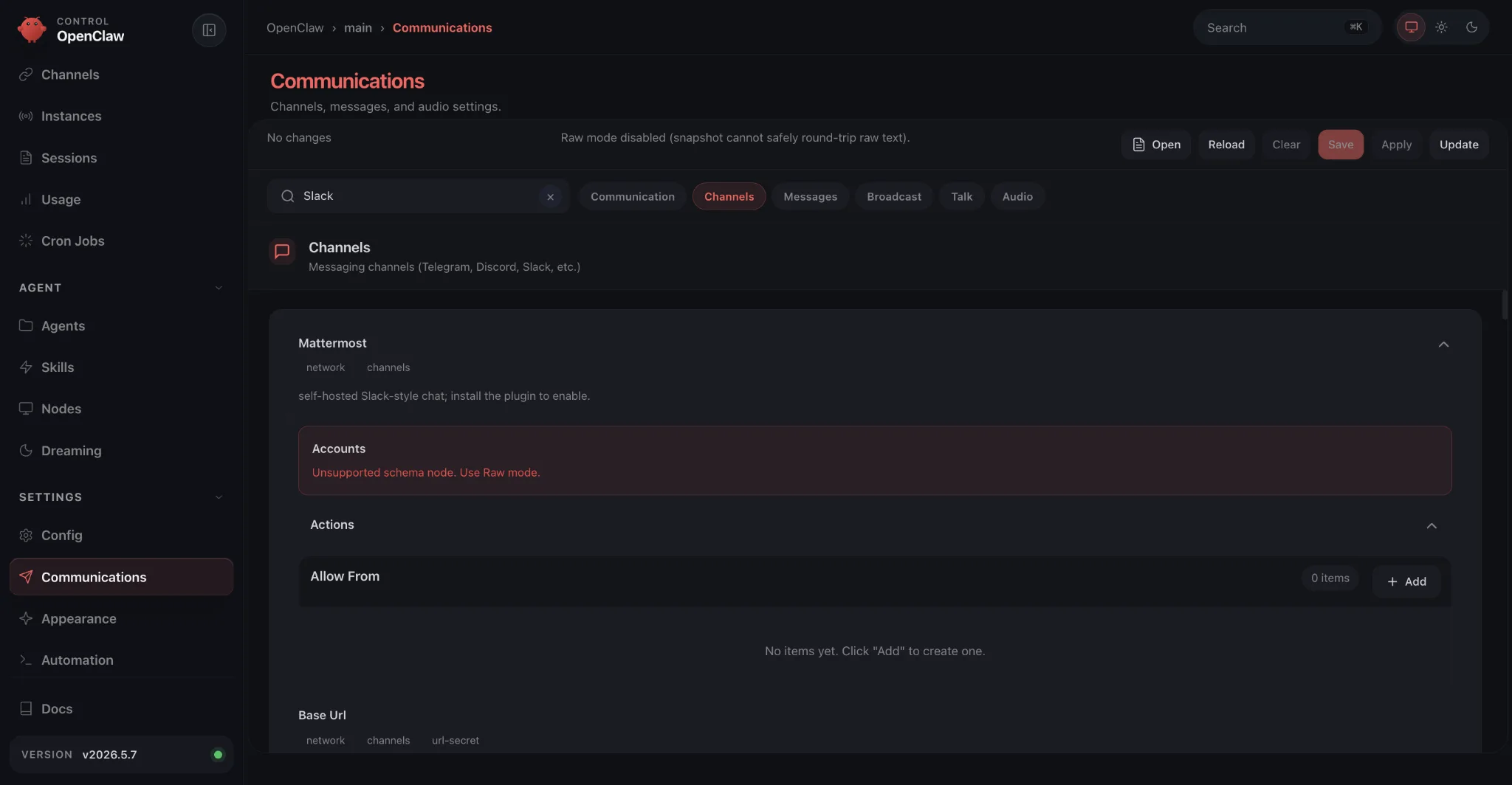 OpenClaw's web dashboard: a long scrollable connector list, all expanded by default, with little visual hierarchy