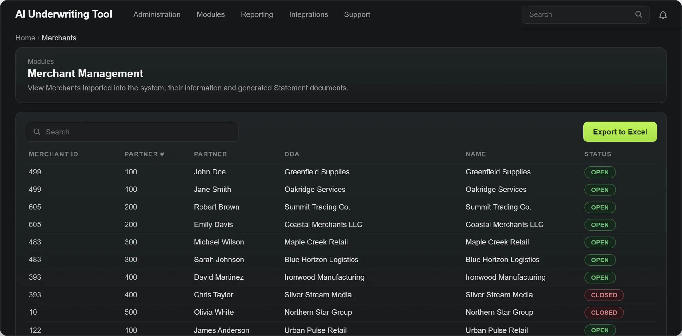 Merchant management: merchants imported into the platform with partner, DBA, and application status