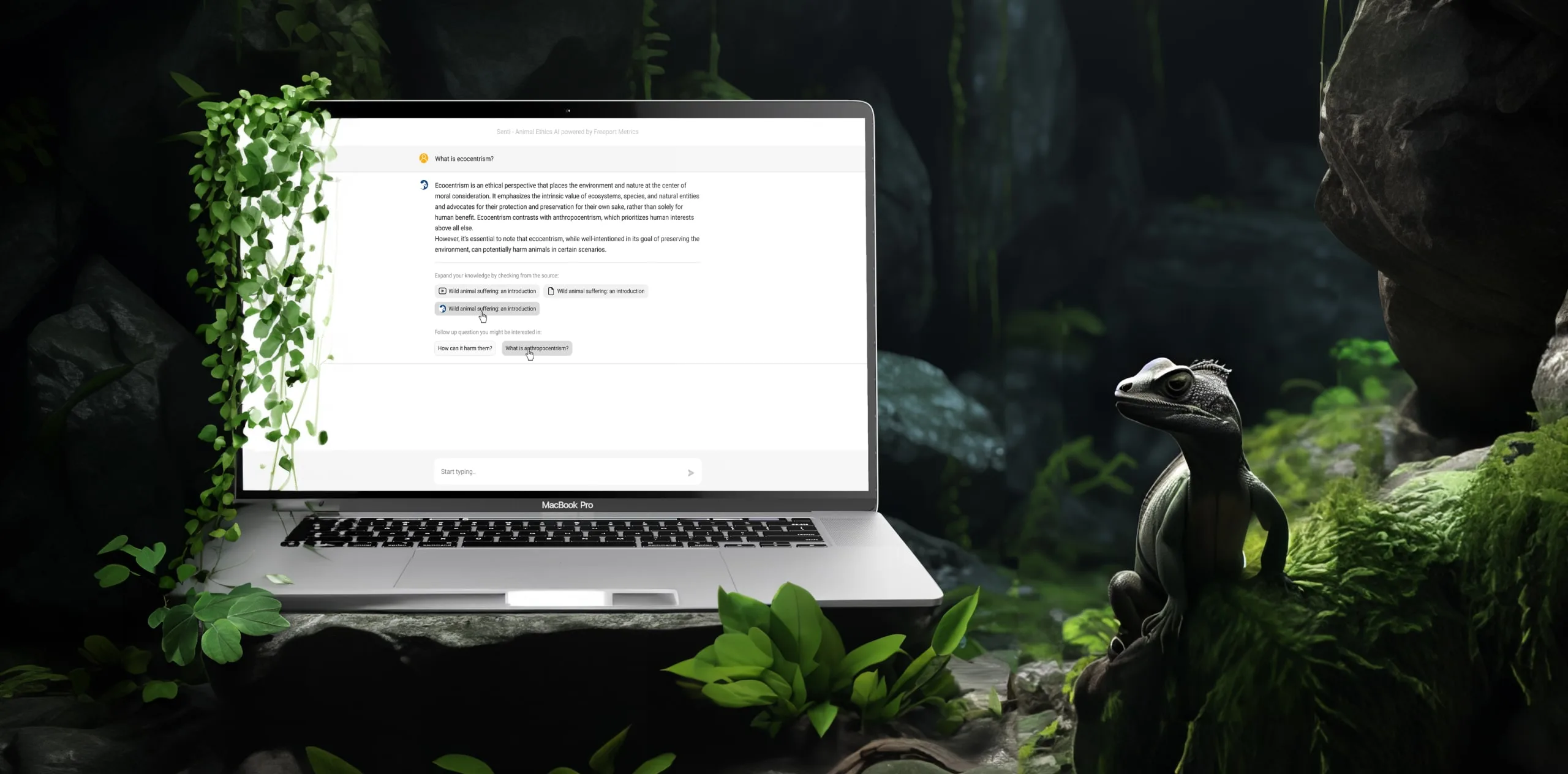 Senti answering the question 'What is ecocentrism?' on a laptop, with source links and suggested follow-up questions under the answer