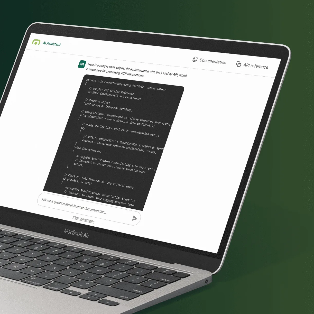 The assistant on a laptop answering with a formatted code snippet for authenticating with the EasyPay API