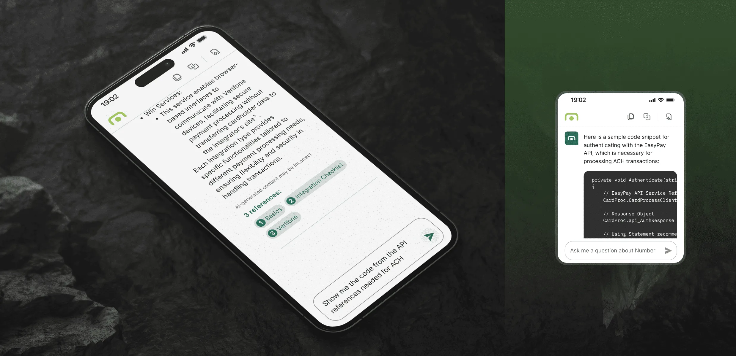 The Number AI Assistant on two phones: a documentation answer with numbered reference chips, and a sample code snippet for authenticating with the EasyPay API