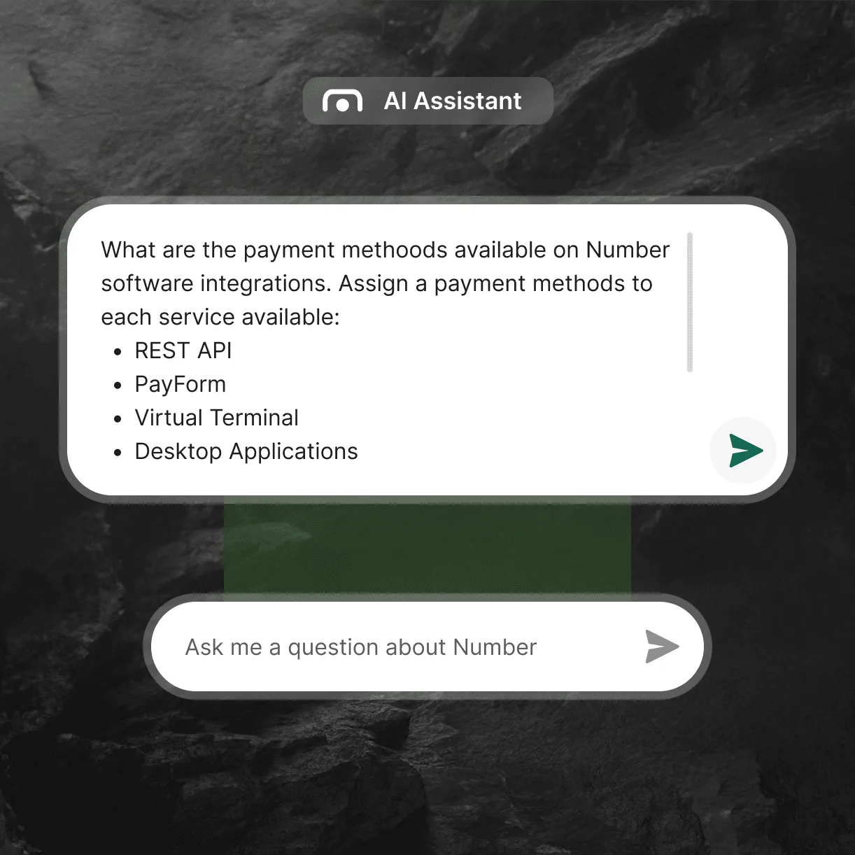 A developer asks the assistant which payment methods apply to each Number integration type: REST API, PayForm, Virtual Terminal, and desktop applications