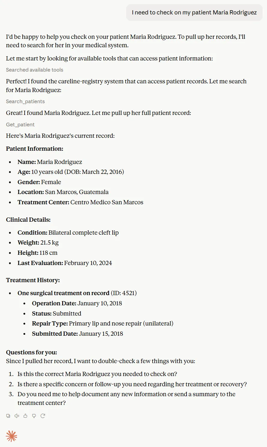 A Claude chat pulling a patient's record live from Careline: identity, clinical details, and treatment history, with follow-up questions offered