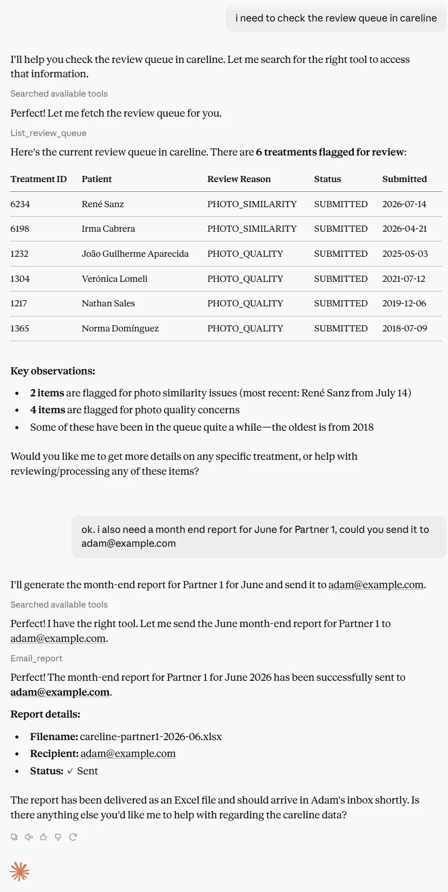 The same connection doing operations work: the review queue listed with flag reasons, then a month-end report generated and emailed on request